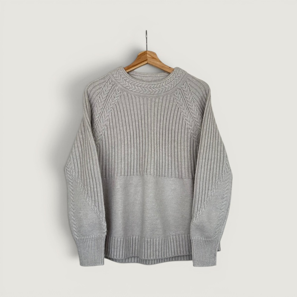 Maeve White Light Gray Cable Knit Sweater Size Large Cottagecore Fisherman